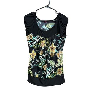 Agenda‎ Floral Paisley Print Top Cap Sleeve Black Green Brown